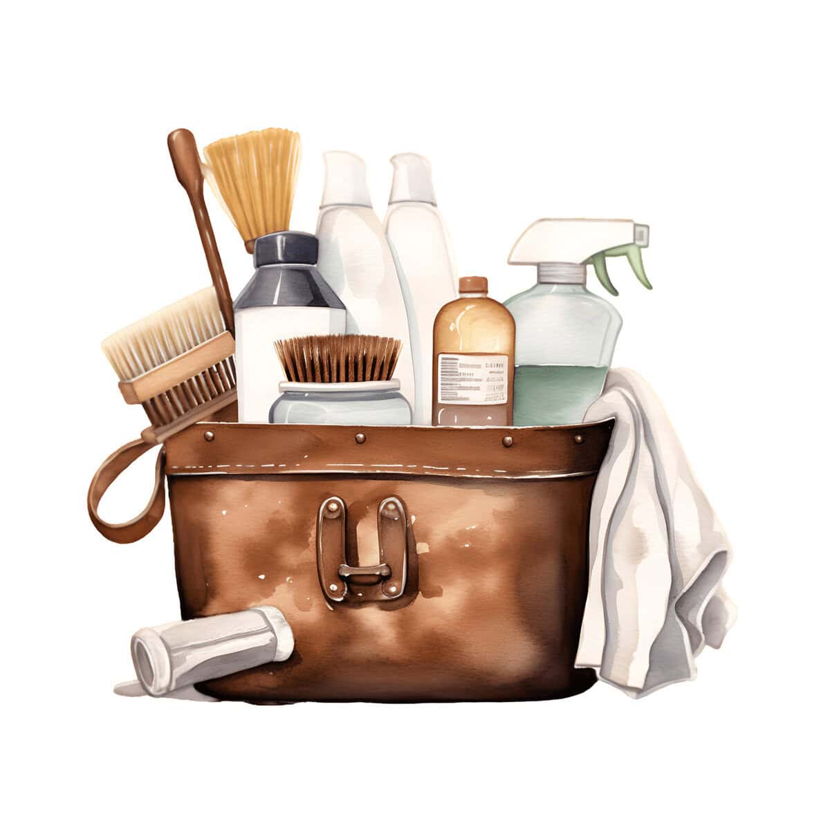A brown cleaning caddy holds various cleaning supplies, including brushes, bottles, a spray bottle, and a white cloth, all on a white background.