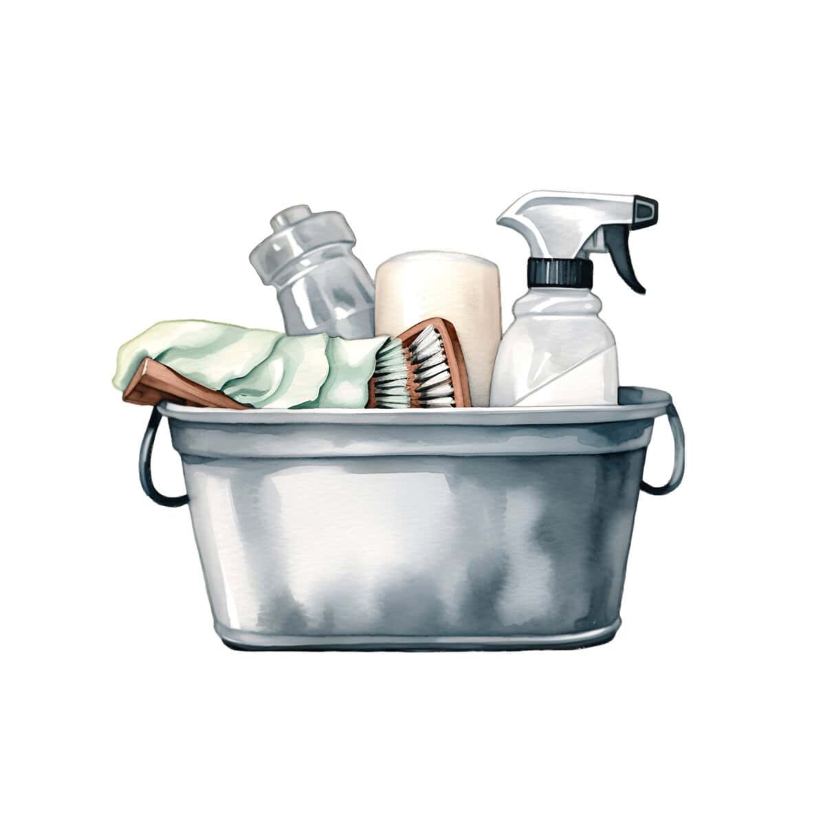 A metal bucket containing a spray bottle, scrub brush, sponge, cleaning cloth, and water bottle, all used for cleaning tasks.