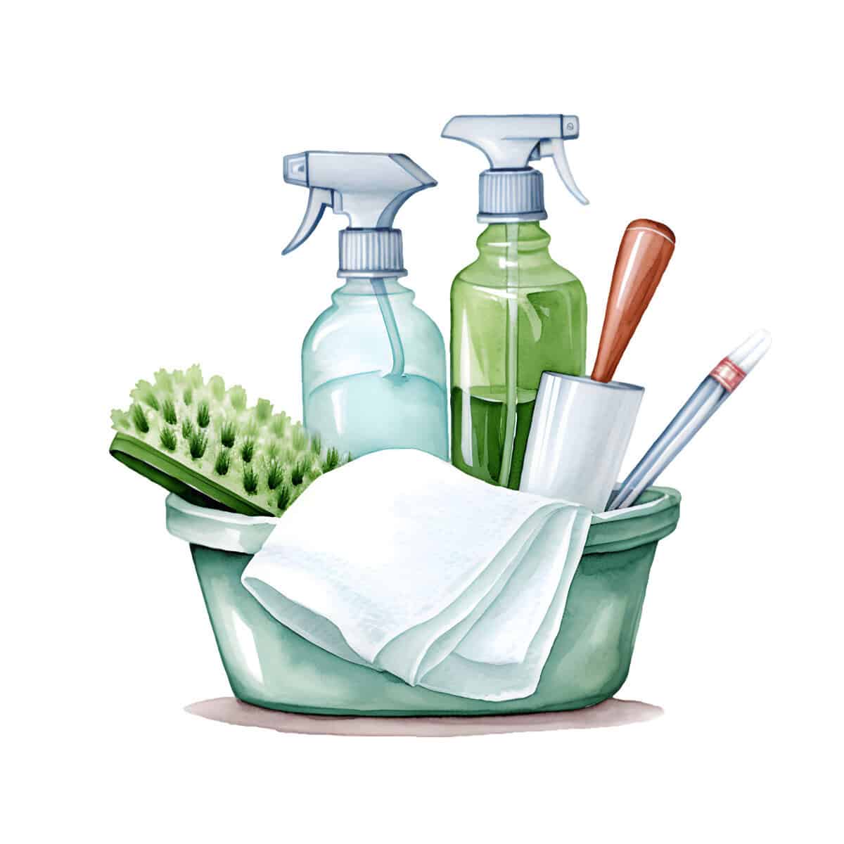 A green plastic bin holding spray bottles, a scrubbing brush, a lint roller, a white cloth, and a cleaning brush.