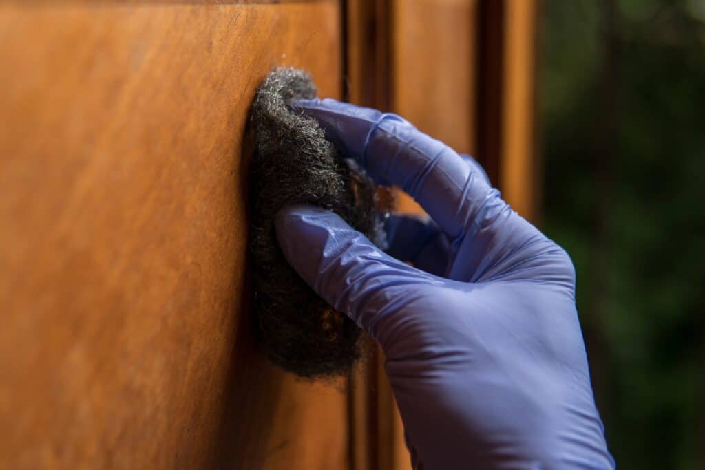 A gloved hand uses a steel wool pad to clean or polish a wooden surface.