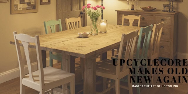 A rustic dining room features a wooden table with mismatched chairs and decor, highlighting the upcyclecore aesthetic with the text: "Upcyclecore Makes Old New Again.