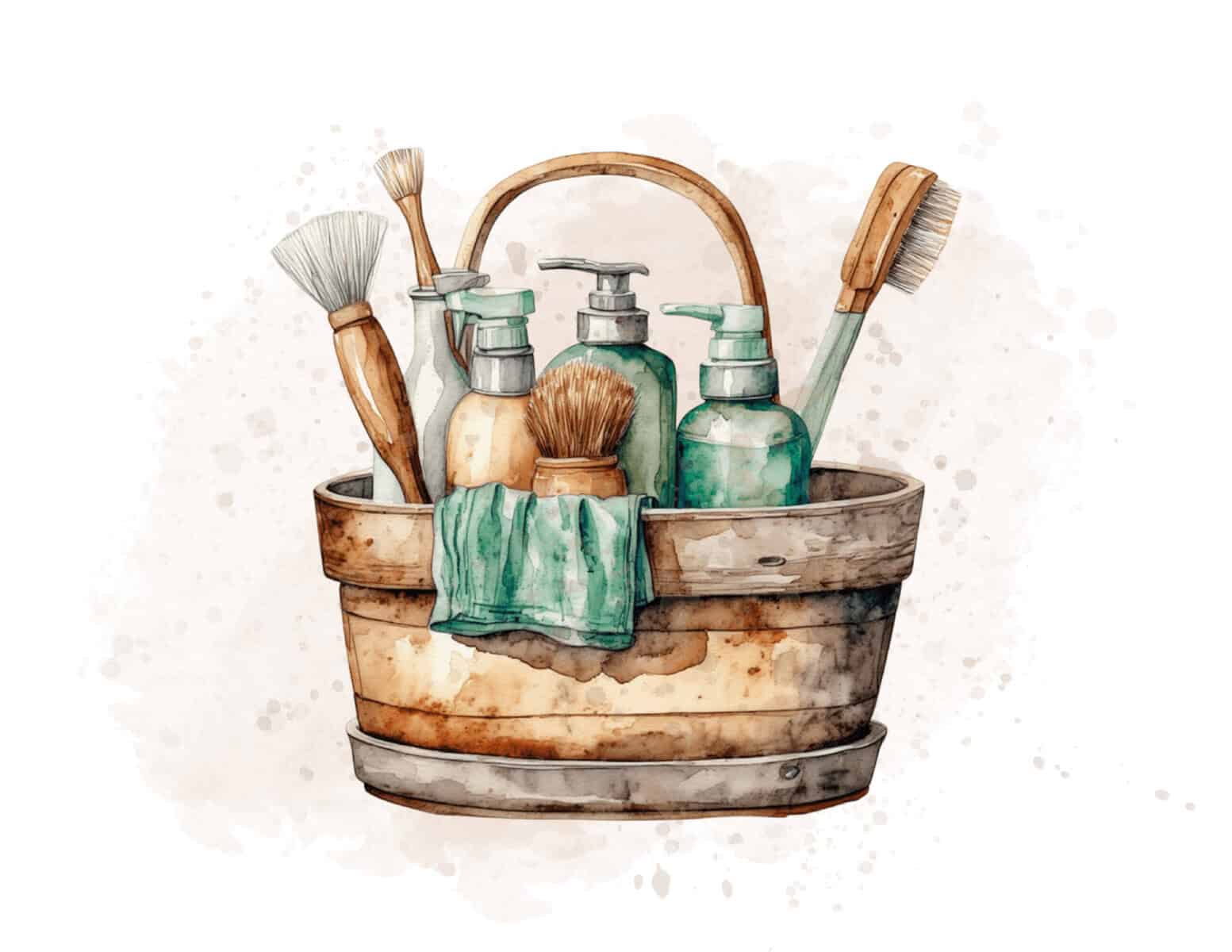 A wooden bucket holds assorted cleaning brushes, soap dispensers, and a green cloth, arranged neatly against a white background.
