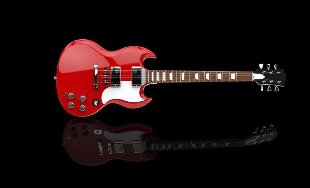 A red electric guitar with a white pickguard and chrome hardware is displayed on a black background, reflecting slightly below.