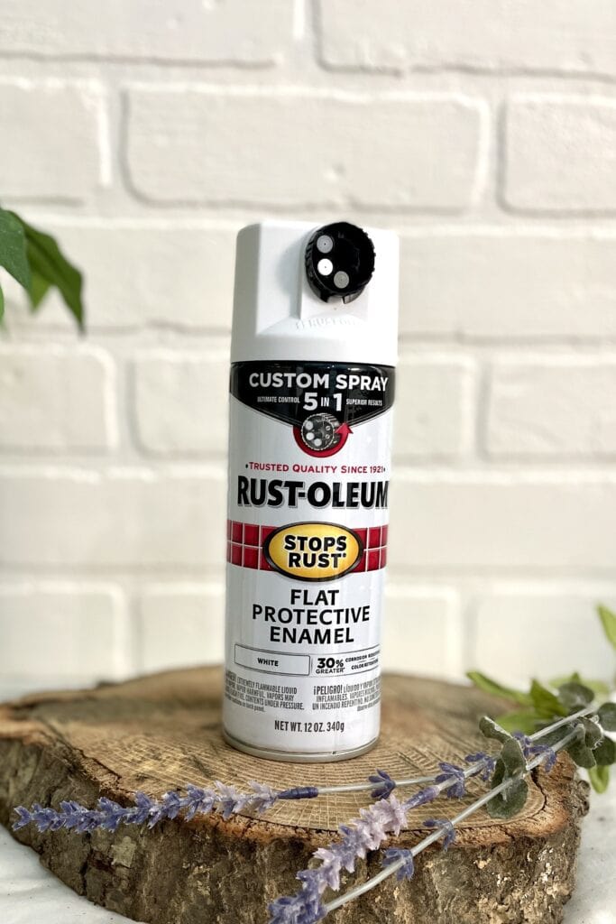A can of Rust-Oleum flat protective enamel spray paint is placed on a wooden surface with leaves and a white brick wall in the background.