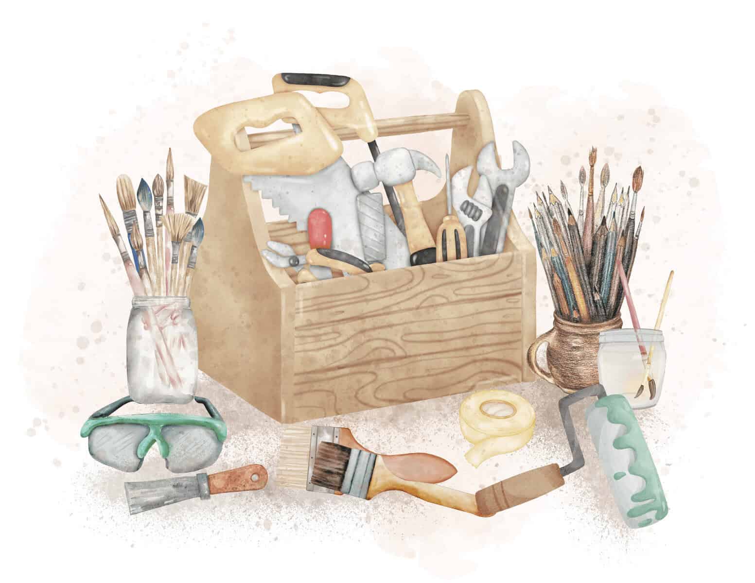 Wooden toolbox filled with tools such as a saw, hammer, wrench, and pliers, surrounded by paintbrushes, a paint roller, tape, safety goggles, and jars holding more brushes.