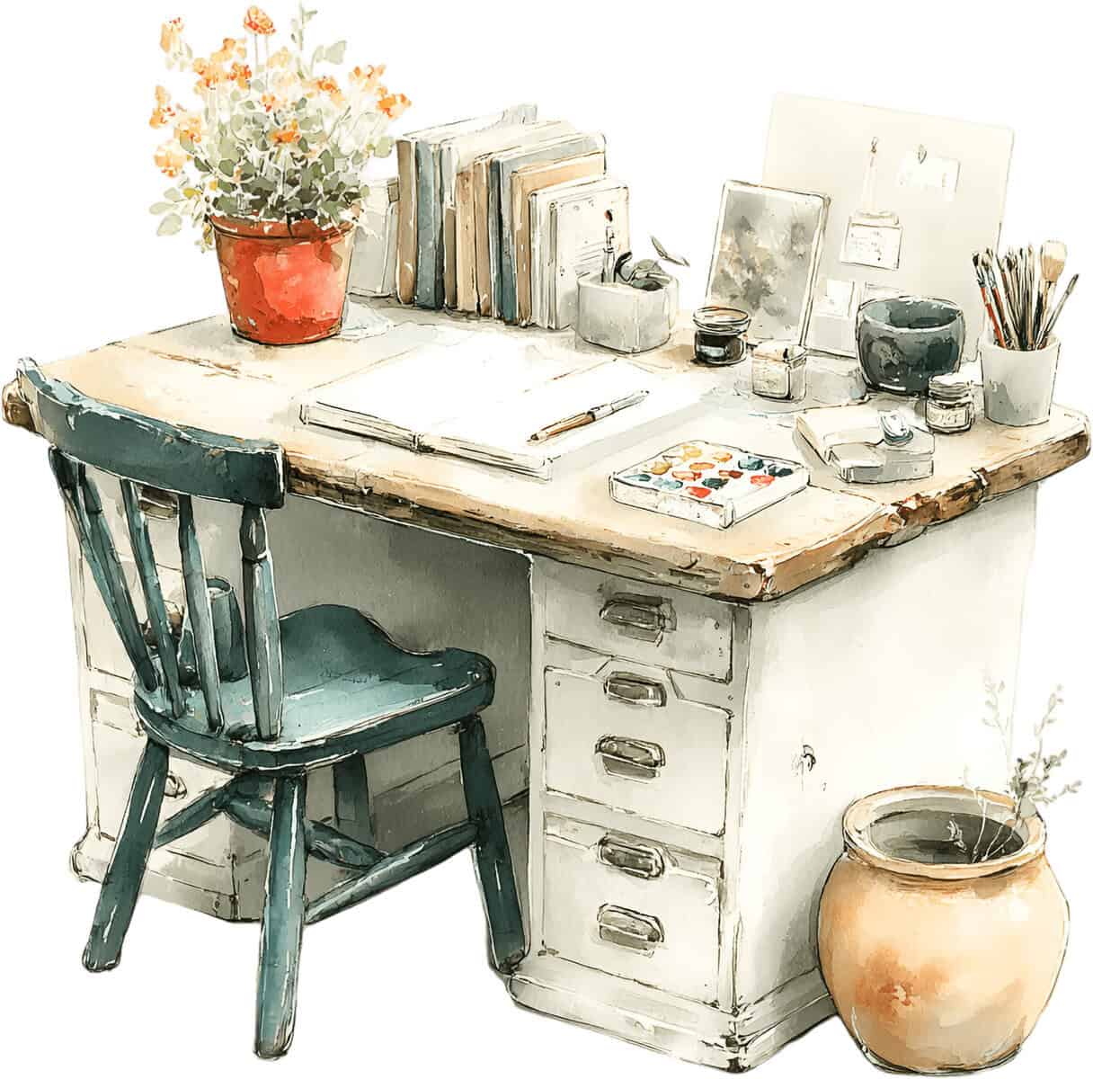 A wooden desk with books, art supplies, a potted plant, a ceramic pot, and a blue chair, arranged in a tidy workspace.