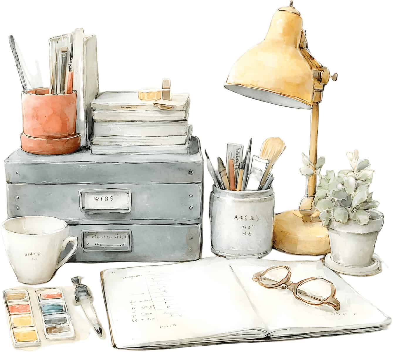 A workspace with stacked drawers, books, a mug, a lamp, containers of art supplies, a potted plant, paints, an open notebook, and a pair of glasses.