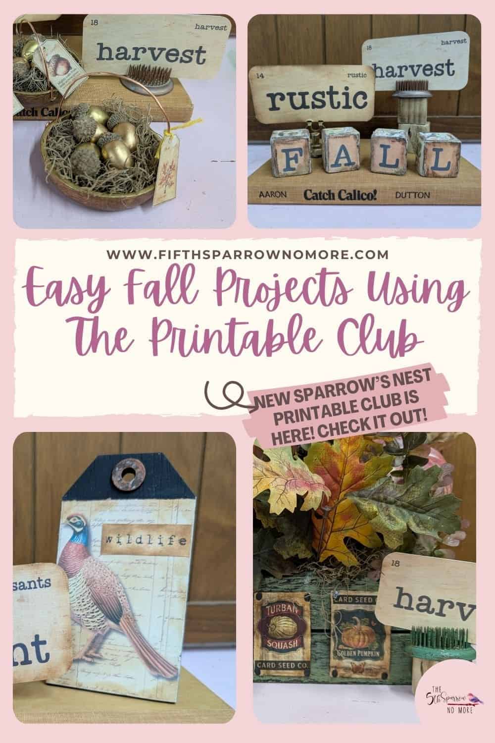 Collage of fall-themed craft projects featuring tags, blocks, and decor with words like "harvest," "fall," and "rustic," made using printables from Fifth Sparrow No More.