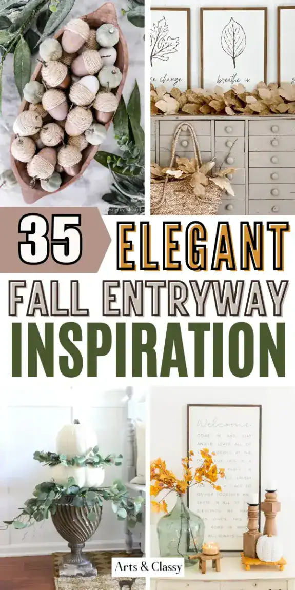 Collage of fall entryway decor ideas featuring acorns in a wooden bowl, framed leaf prints, a pumpkin centerpiece, and a table with orange flowers and wooden candlesticks.