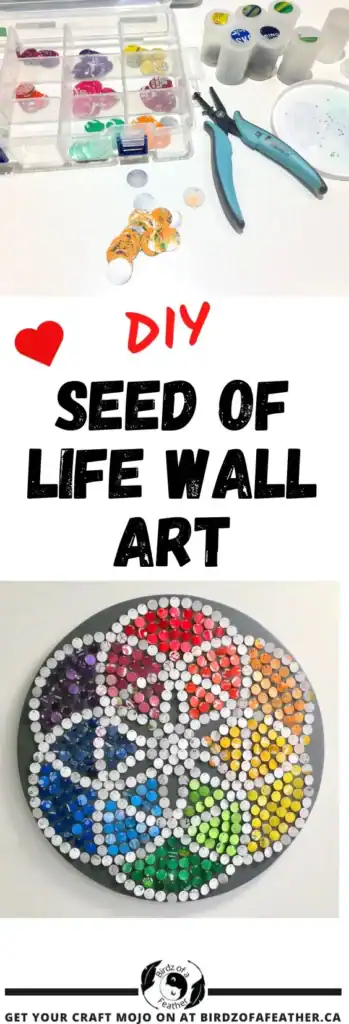 Materials and tools for painting, DIY instructions, and a finished circular "Seed of Life" wall art piece made from painted dots in a rainbow color pattern.