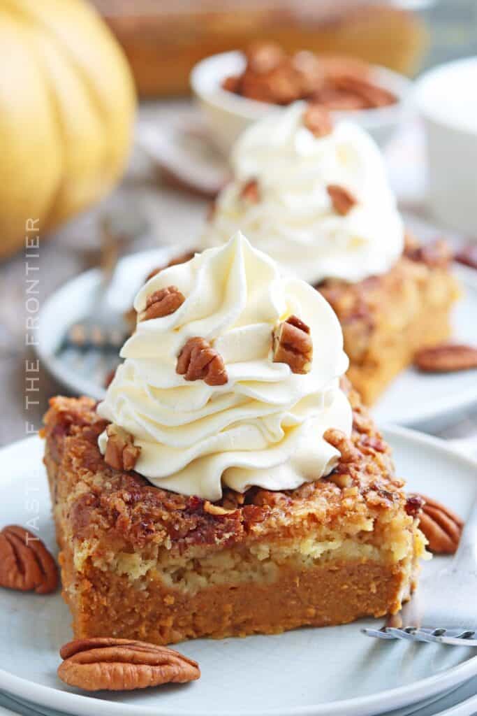 A slice of pumpkin dessert bar topped with whipped cream and pecans is served on a plate, with more dessert bars and pecans visible in the background.