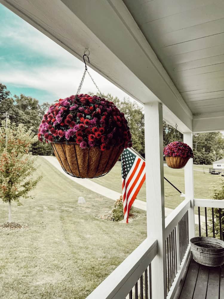 Two hanging baskets with purple and pink flowers are on a porch, with an American flag displayed in the background and a grassy yard beyond.