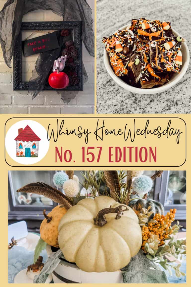 A collage featuring Halloween decor: a "Take a bite" sign with an apple, a bowl of themed treats, and a white pumpkin centerpiece with fall florals. Text reads "Whimsy Home Wednesday No. 157 Edition.