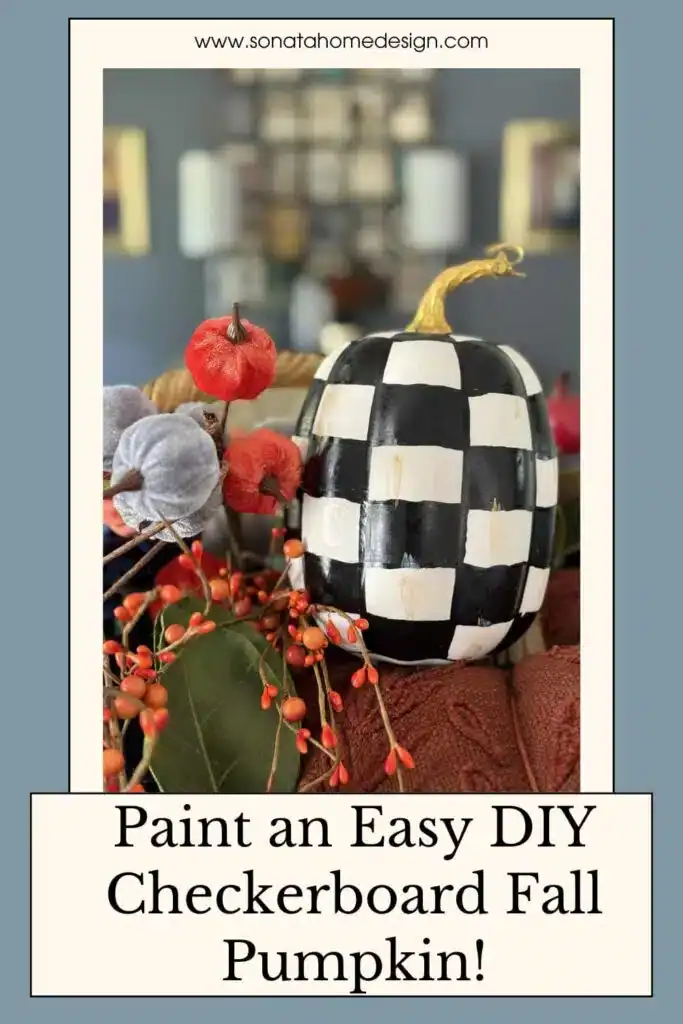 A pumpkin painted with a black and white checkerboard pattern is displayed among autumn decorations and faux berries.