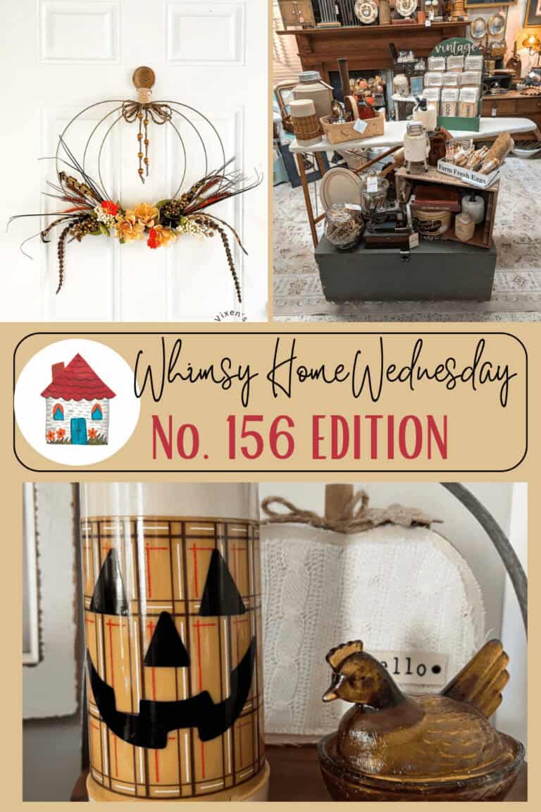 A collage featuring a fall-themed door wreath, a vintage market display, a plaid pumpkin canister, a white knitted decor piece, and a ceramic bird figurine. Text reads: "Whimsy Home Wednesday No. 156 Edition.