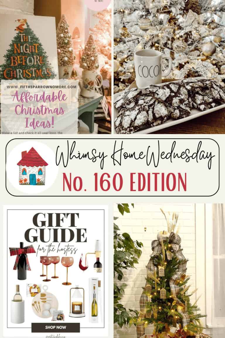 A collage featuring Christmas decor ideas, chocolate cookies with a mug labeled "Cocoa," a holiday gift guide, and a decorated Christmas tree with the title "Whimsy Home Wednesday No. 160 Edition.