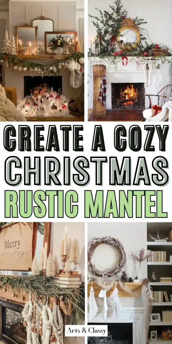Collage of four rustic Christmas mantel decorations with greenery, stockings, lights, trees, and ornaments, plus text overlay: "Create a Cozy Christmas Rustic Mantel.